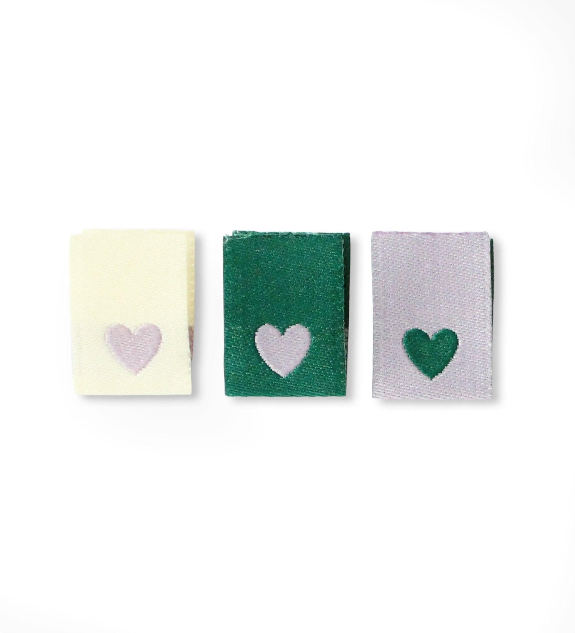 Mini - Klapp - Weblabel *Herzen Ecru/Lila/Grün* - 3er - Set - Paul & Clara