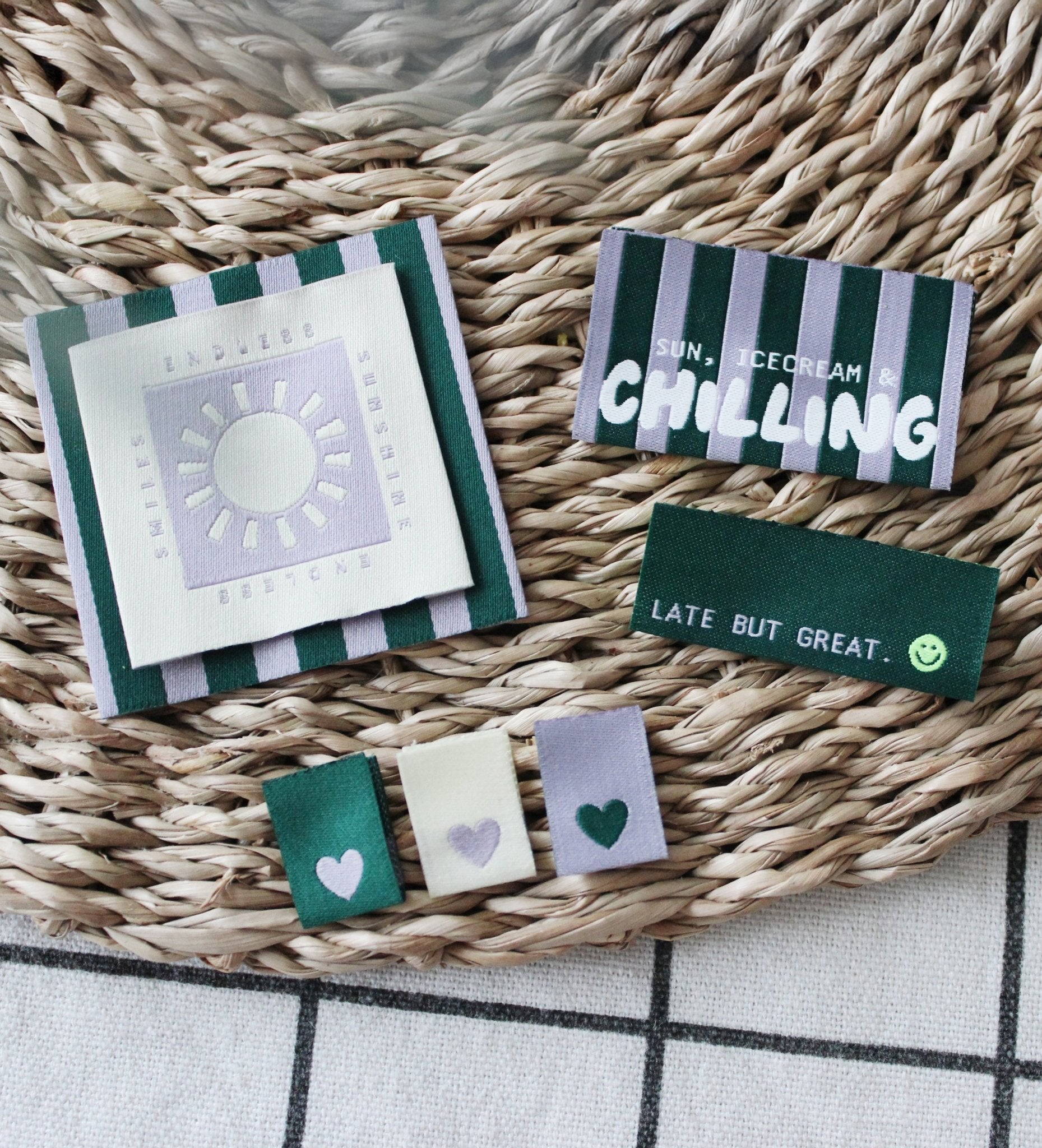 Mini - Klapp - Weblabel *Herzen Ecru/Lila/Grün* - 3er - Set - Paul & Clara