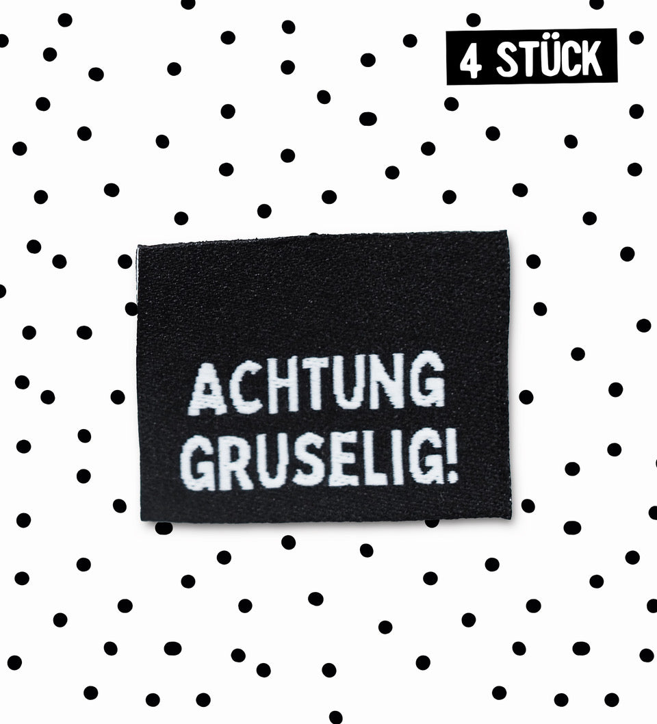 Klapp-Weblabel * Achtung Gruselig! * - 3 x 2,3 cm - 4er Pack